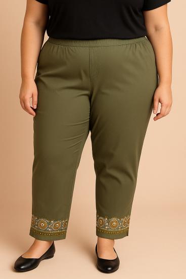 Pantaloni din bumbac mărime mare cu broderie, măsliniu