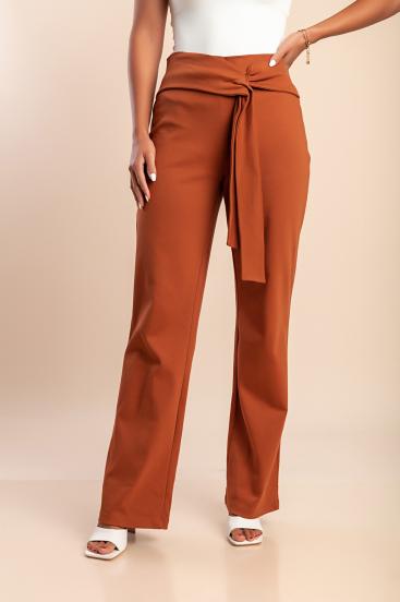 Pantaloni eleganți din bumbac cu nod decorativ, cămilă
