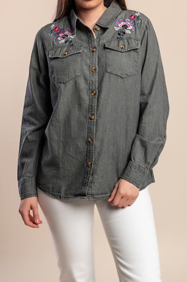 Cămașă din denim mărime mare cu broderie, gri