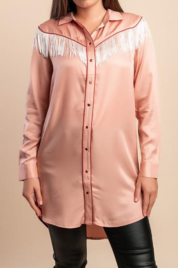 Bluza lungă cu franjuri, roz deschis
