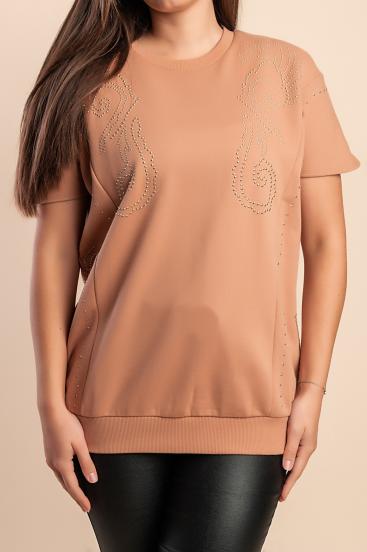 Top din bumbac cu detaliu decorativ, camel