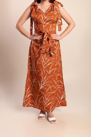 Rochie maxi din bumbac cu imprimeu, maro