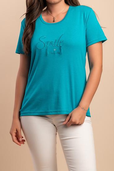 Tricou din bumbac cu guler rotund, turcoaz