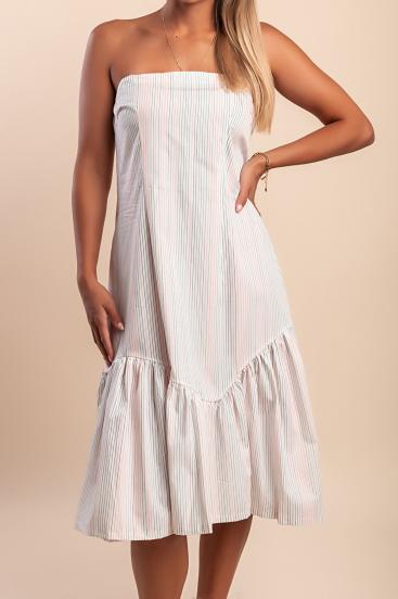 Rochie midi din bumbac cu imprimeu în dungi, albă