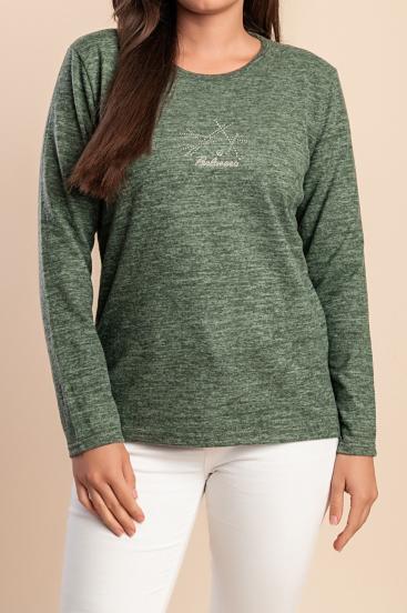 Pulover tricotat cu guler rotund, verde