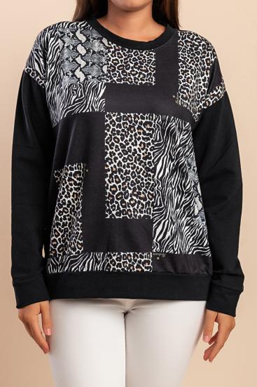 Top din bumbac cu imprimeu, negru