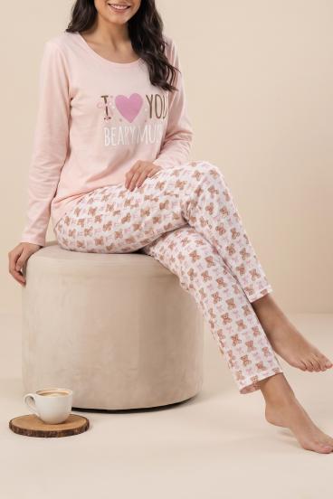 Pijamale lungi imprimate, roz pal-bej