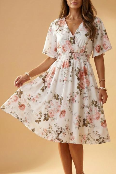 Rochie midi cu imprimeu floral, albă