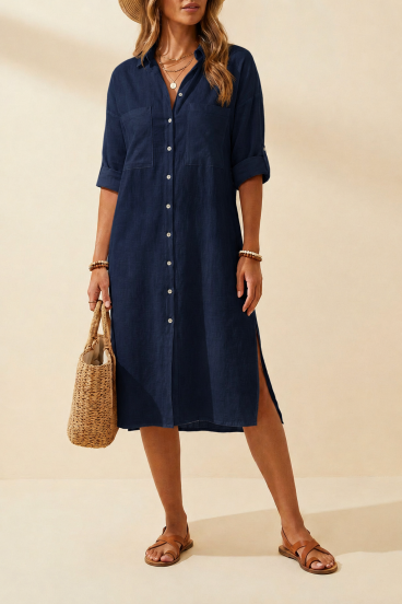 Rochie Maxi Lejeră din In, Albastru Închis