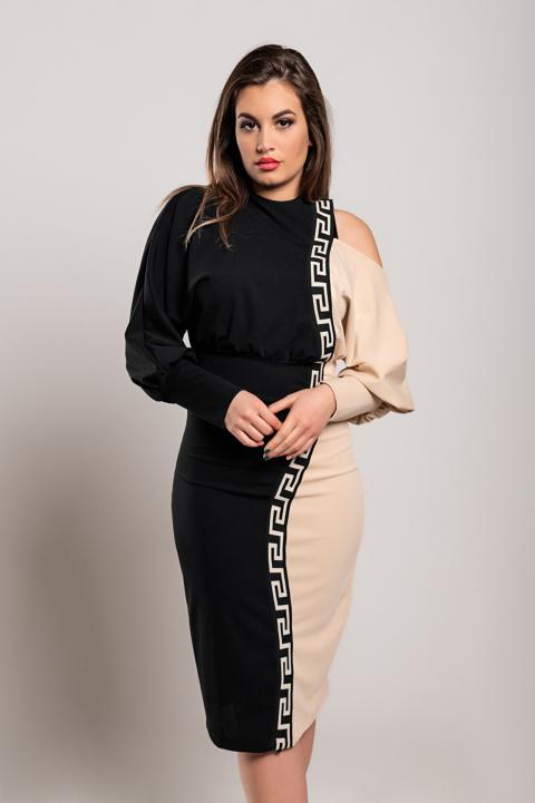 Rochie midi elegantă cu imprimeu geometric, negru/bej