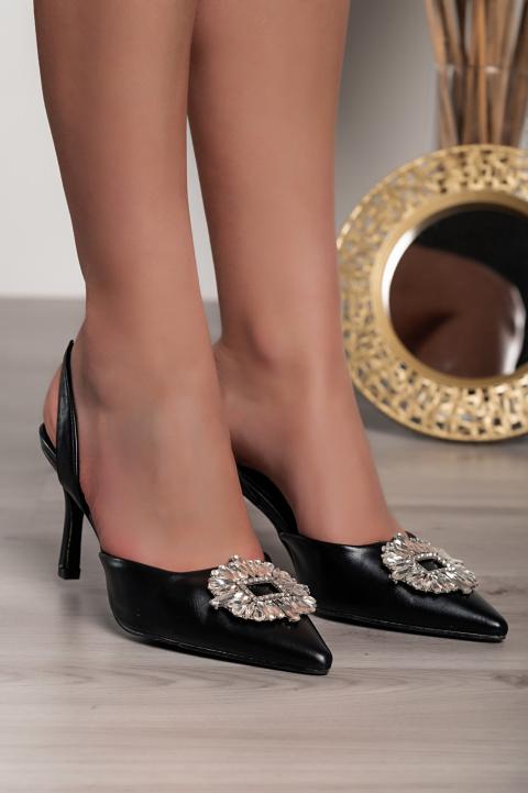 Pantofi cu brosa decorativa, neagra