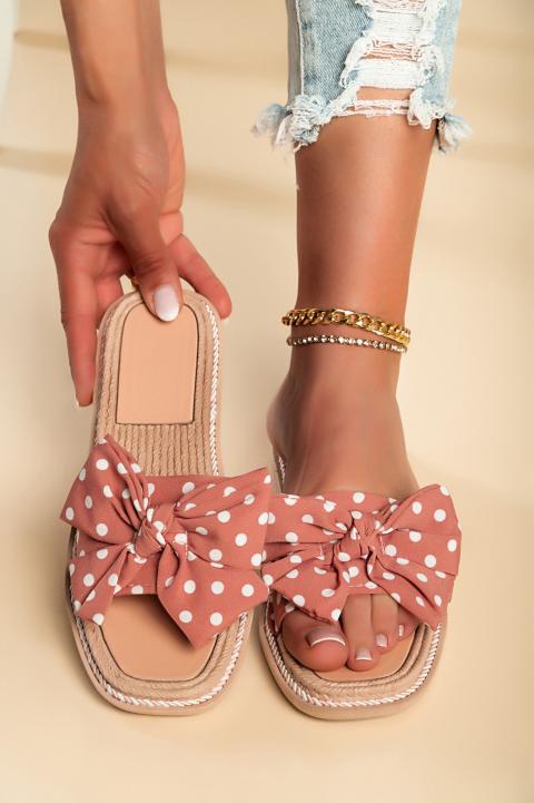 Sandale cu fundita decorativa si imprimeu cu buline, roz inchis