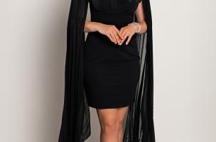 Rochie mini eleganta slim fitt cu  maneci plisate Marseila, neagra