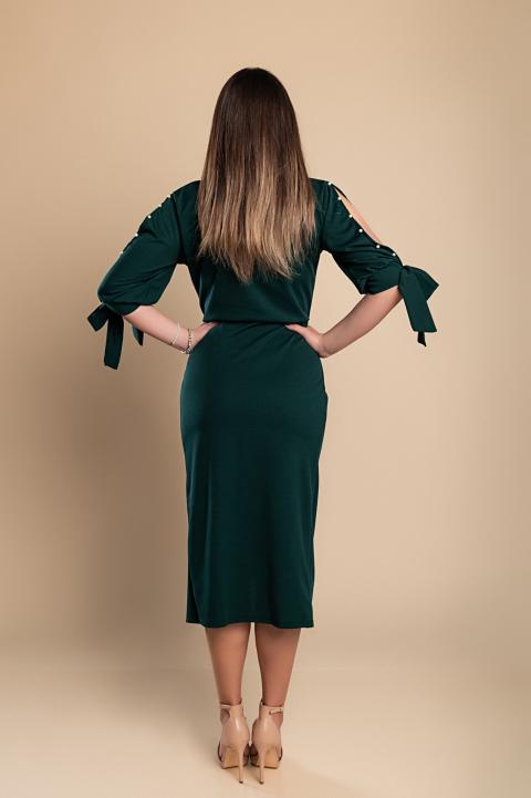 Rochie midi elegantă cu guler rotund mâneci 3/4 cu fantă și margele decorative Peppina, verde
