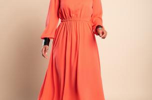Rochie midi eleganta cu detaliu din imitatie piele Plana, portocaliu