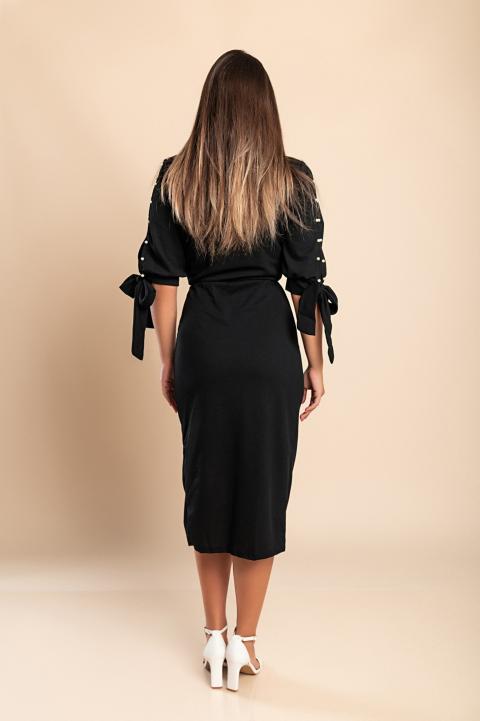Rochie midi elegantă cu guler rotund mâneci 3/4 cu fantă și margele decorative Peppina, neagră