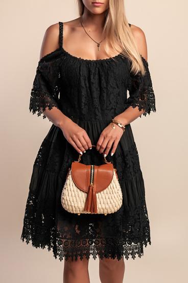 ROCHIE MINI CU DECOLTEU LA UMAR SI DETALIU DANTELA FLORIDA, NEAGRA