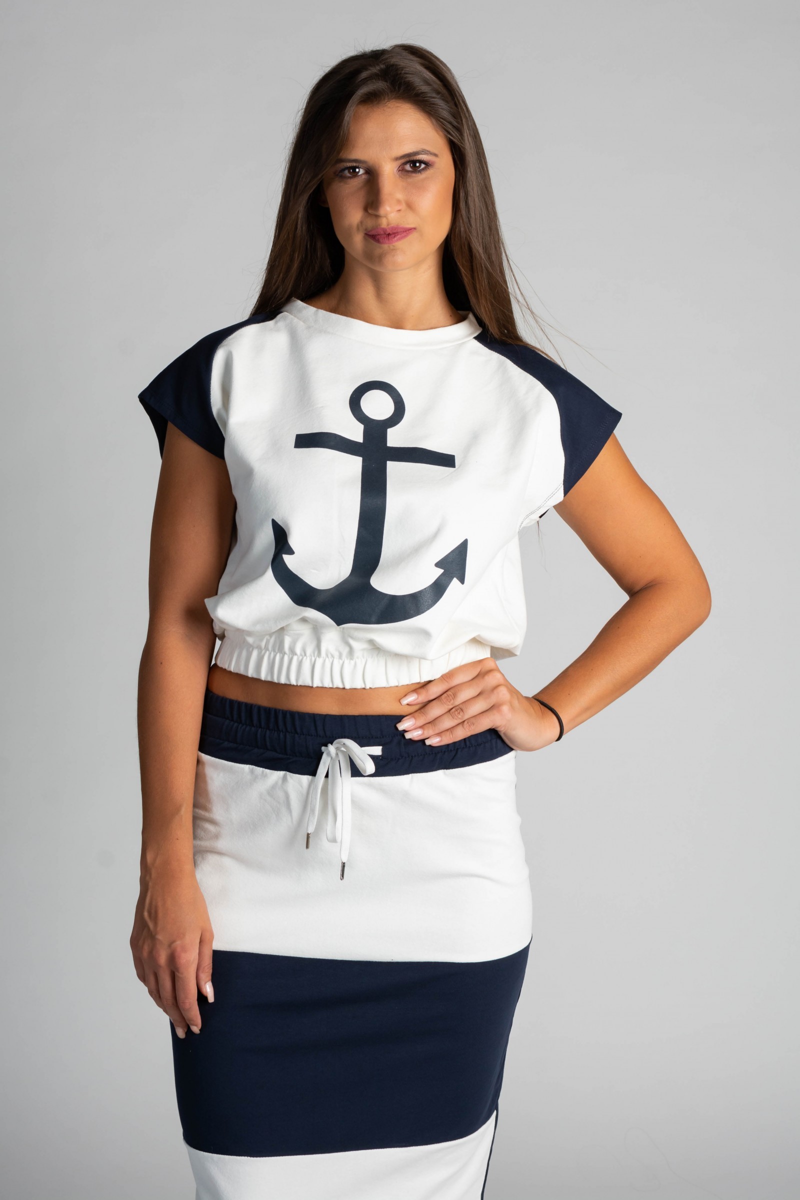 gown Pole Digital Set la modă de tricou scurt cu imprimeu și fusta midi Peruggina,  alb-albastru, -59%