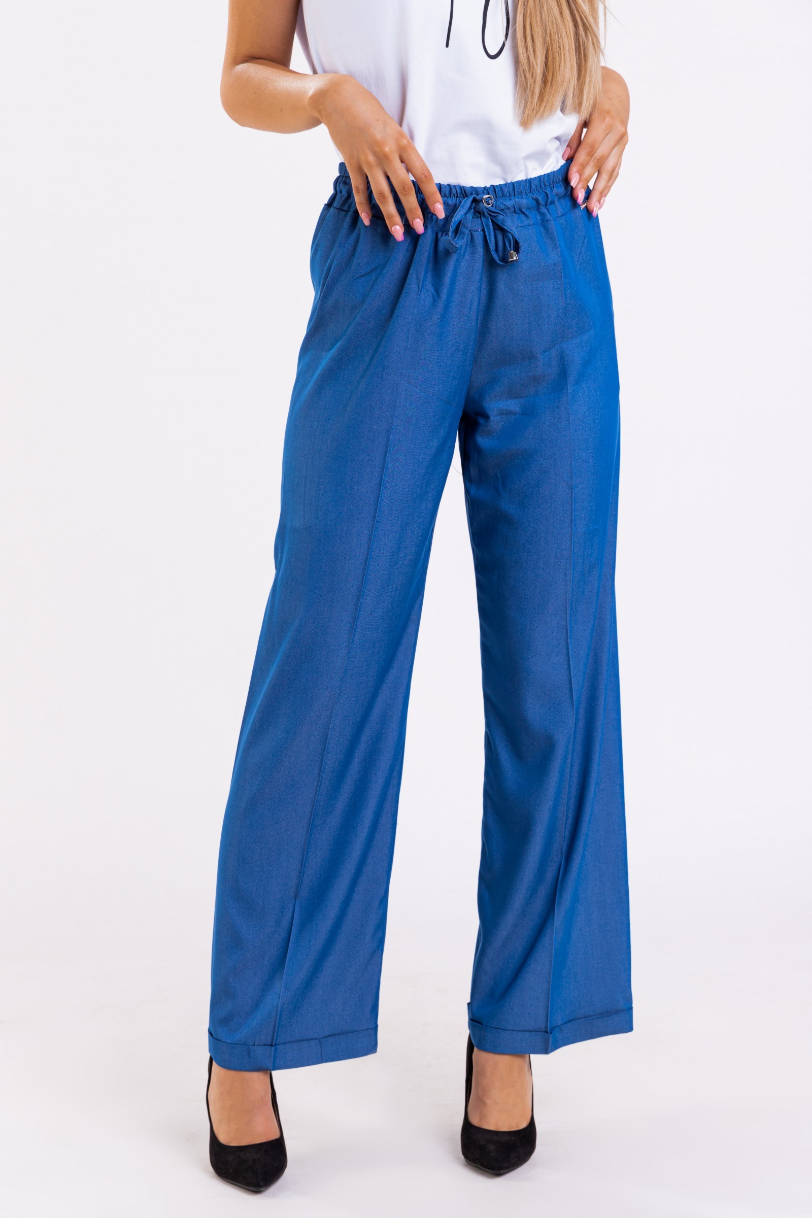 grădină Imprimare Luciu  Pantaloni eleganți cu picioare largi, elastic și șnur in talie Perlita,  albastru, -70%