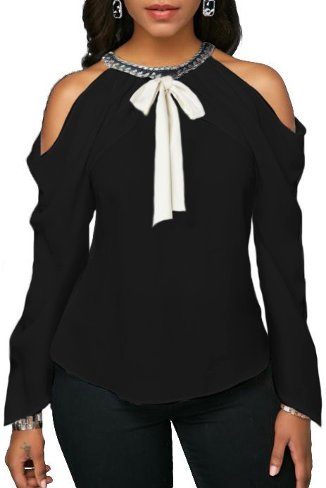 thousand Diversity Re-paste Bluză elegantă cu umeri goi și lanț decorativ Odette, neagră, -48%